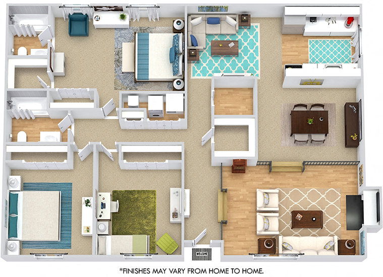 Floor plan for 3 beds, 2 baths, 1667 sqft